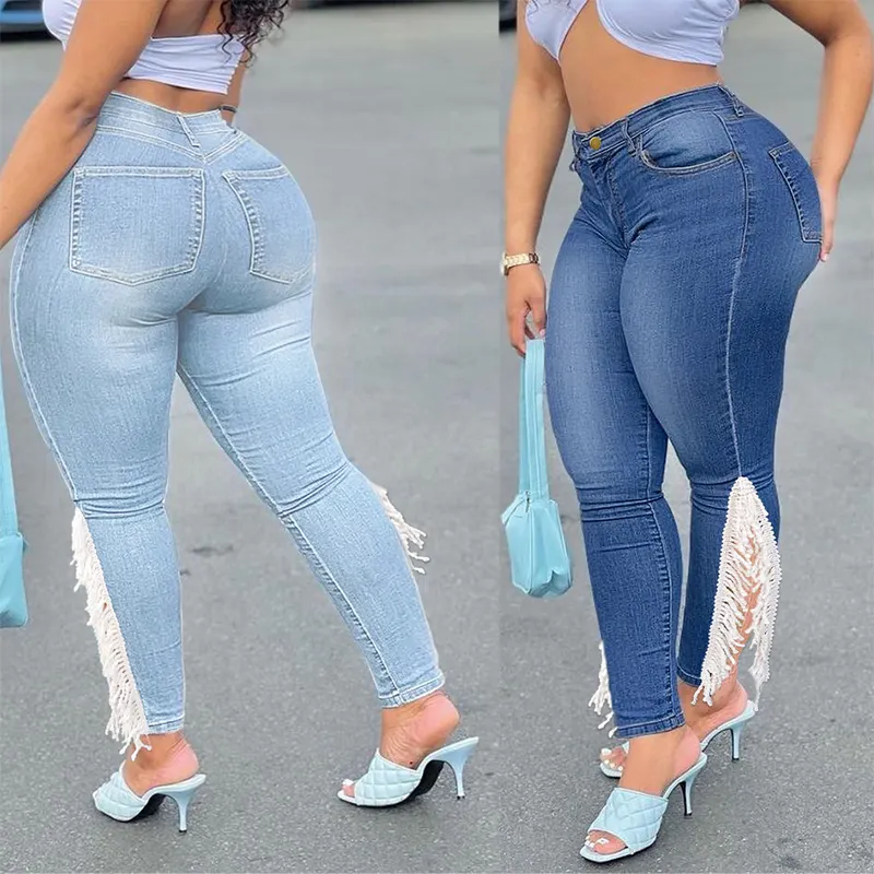 Kanten Kwastje Plus Size Dameskleding Goedkope Groothandelsprijs Hoge Kwaliteit Mode Slim Fit Grote Butt Opheffen Jeans Vrouwen