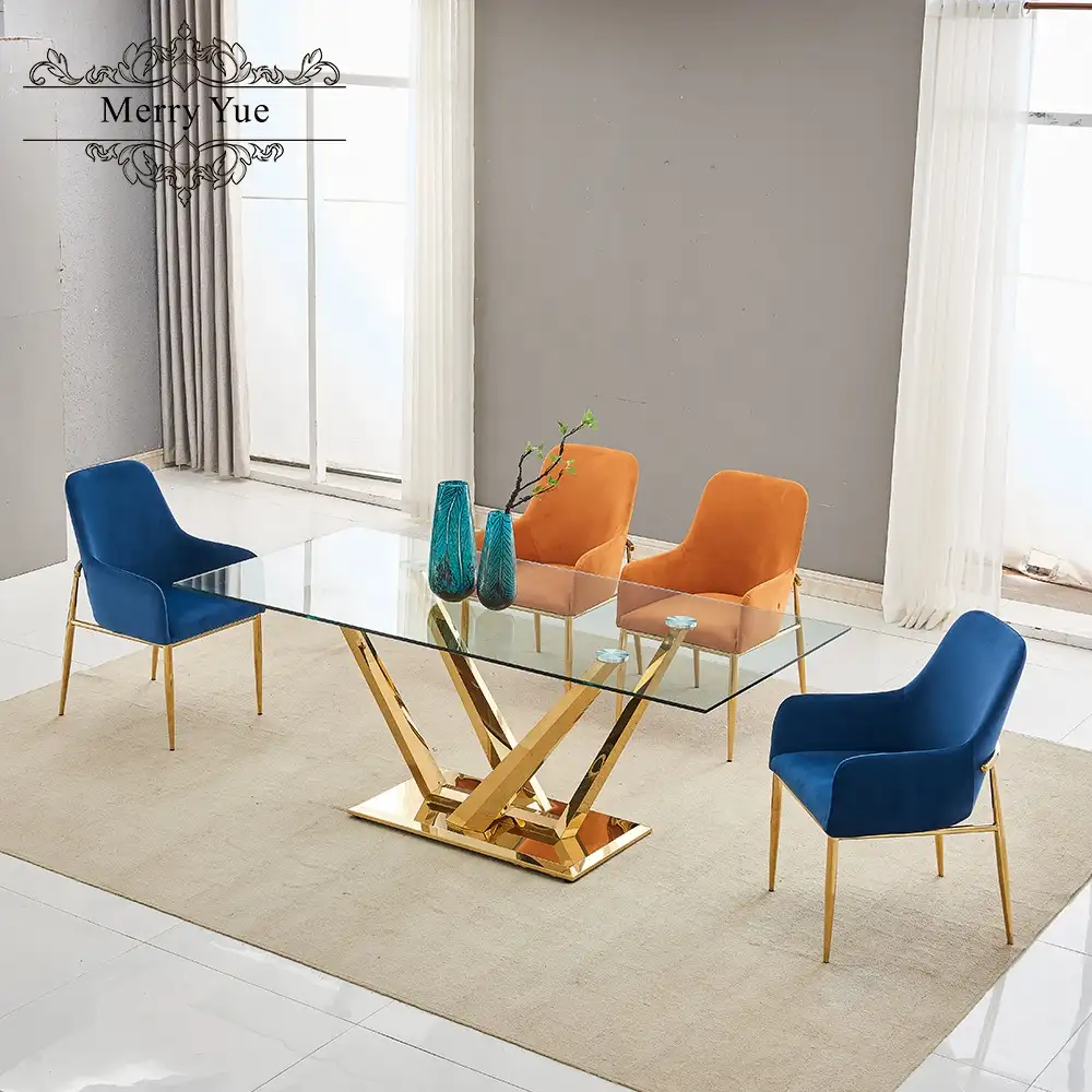 Mesa de comedor rectangular de acero inoxidable, muebles modernos de lujo, 12 sillas