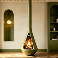 Cheminée au sol à bois, forme goutte d'eau, fenêtre triangulaire, foyer réel, poêle à bois d'intérieur
