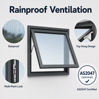 Ventana de Aluminio con Diseño Abatible Superior, Resistente a la Lluvia, con Ventilación, Cierre Multipunto, Doble Vidrio, Certificación AS2047 / CE