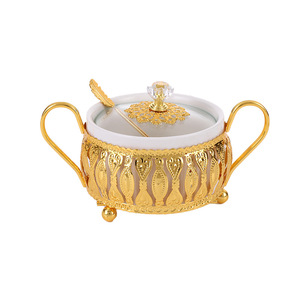 Metall Gold Runde Zucker topf Zucker glas Schüssel Keramik Mit Griff Deckel Löffel Glas abdeckung Küche Gewürz glas Gewürz Kaffee Tee - Product Image 6