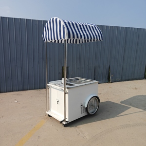 Chariot mobile pour la vente de glaces en acier inoxydable avec auvent rayé bleu et blanc - Product Image 3