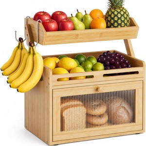 Caja de pan de madera con estante para frutas, organizador multifuncional integrado para encimera de cocina, para pan y frutas - Product Image 1