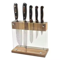 Nouvel arrivage de cinq fentes organisateur de stockage de couteaux de cuisine en bois d'acacia et bloc acrylique avec sacs à roulettes pour couteaux