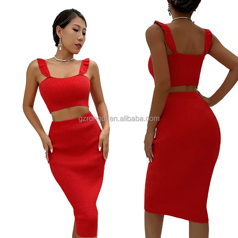 European American French Ladies Sexy Elegant Suit Summer New Solid Knitting Top Hip Wrap Skirt Two-Piece Set for Women
