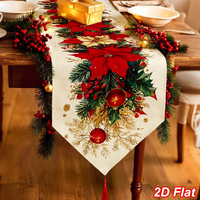Chemin de table en lin rouge et or à fleurs avec pompons, 183*33cm, pour Noël, décoration de table de Noël