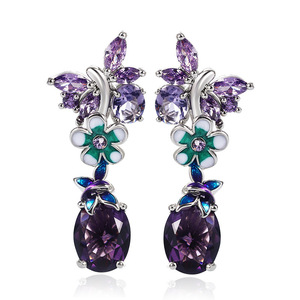 Orecchini viola a forma di farfalla con fiore ovale per donna, eleganti gioielli alla moda - Product Image 1