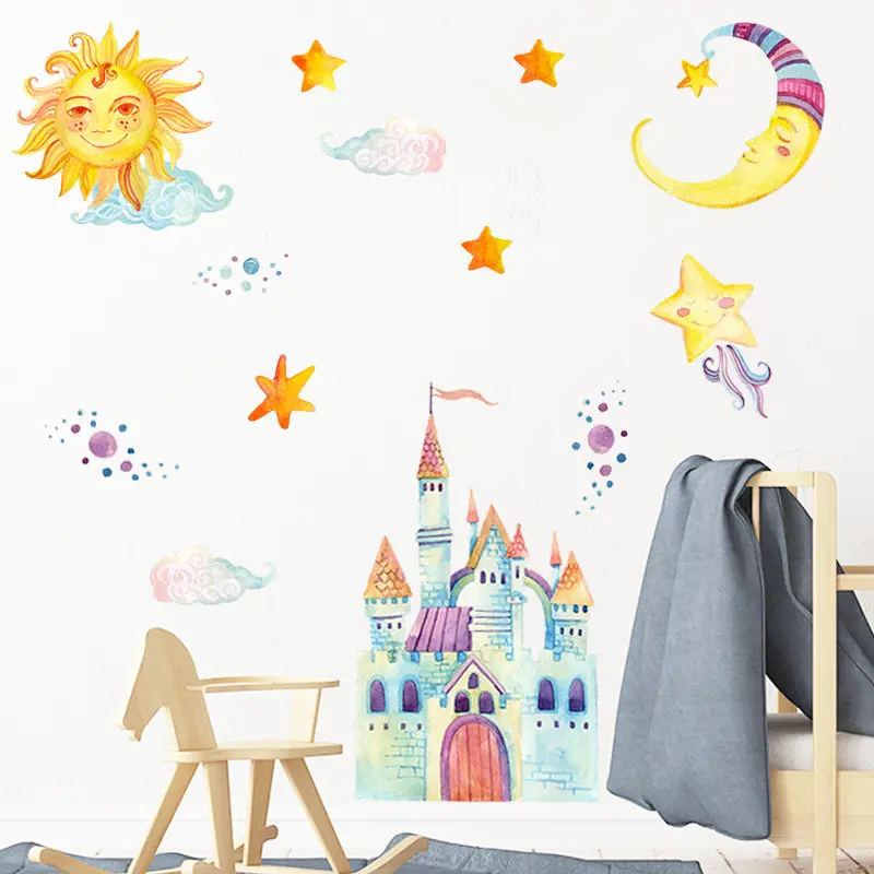 Cartoon Castle Wall Stick Cute Sun Moon Stars Wallpaper For Kid's Bedroom Removable Self Adhesive Children's Room Wall Mural