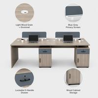 Estación de Trabajo Modular Contemporánea para 4 Personas, Escritorio con Pantalla de Privacidad Azul Gris, Cajón con Cerradura, Tirador Horizontal, Armario, Organizador de Cables