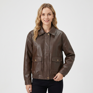 Chaqueta Bomber de Cuero Genuino Marrón para Hombre, Cuello Camisero, Manga Larga, Color Sólido, Ropa Exterior Informal de Otoño - Product Image 1
