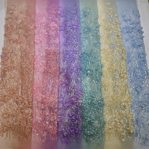 Dentelle brodée de fleurs 3D bleues faites à la main, perlée, en <span class=keywords><strong>tulle</strong></span>, avec sequins épais sur toute la surface, pour robe de mariée, robe de soirée, robe de scène ou robe de cérémonie - Product Image 6