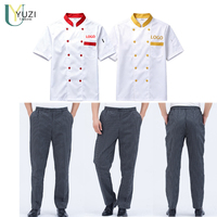 Ensemble uniforme de chef 2 pièces avec logo personnalisé, veste à double boutonnage à manches courtes et pantalon rayé pour restaurant