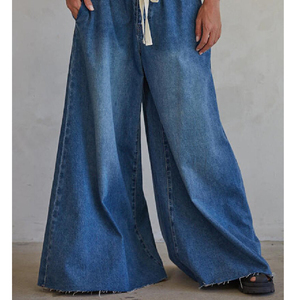 Women's 2026 New Washed Denim Pants, <strong>Drawstring</strong> Elastic Waist Loose Wide Leg <strong>Jeans</strong>, Fashion Casual Long Trousers, Custom OEM/ODM - Product Image 2