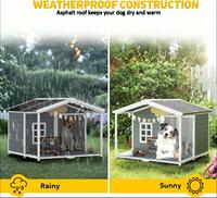 Nichoir moderne pour chien en bois de sapin massif, style cabane extérieure, abri pour animaux avec porche, base surélevée, toit en bois, taille moyenne pour chiens