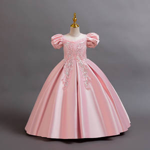 Gaun panjang polos Satin Putar lengan gelembung bermanik pernikahan anak perempuan 3-10t gaun malam pesta dansa Formal putri baru - Product Image 4