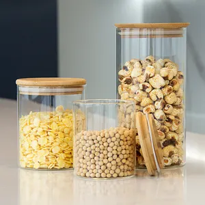 Rundes Küchen-Gewürz-Speicher-Glas-Borosilikat-Glasbehälter-Glas-Kanister-Set mit kundenspezifischen luftdichten Bambus-Holzdeckeln