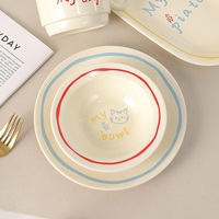 Service de table écologique en porcelaine fine, style coréen, peint à la main, motif chat mignon jaune clair, lignes contrastées rétro, pour fête, comprenant tasses et assiettes