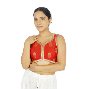 Traditional <b>Red</b> Floral Embroidered Brocade Bandhani Woven 100% Silk Blouse with Front Logo for Women Lehenga Choli Wedding Party - Product Image 1