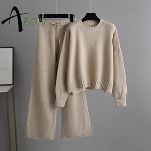 Autunno inverno nuovo Pullover a due pezzi girocollo lavorato a <span class=keywords><strong>maglia</strong></span> da <span class=keywords><strong>donna</strong></span> con pantaloni larghi Set maglione - Product Image 1