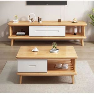 Table basse et meuble TV en bois massif nordique, couleur bois naturel, ensemble de salon avec rangement - Product Image 3