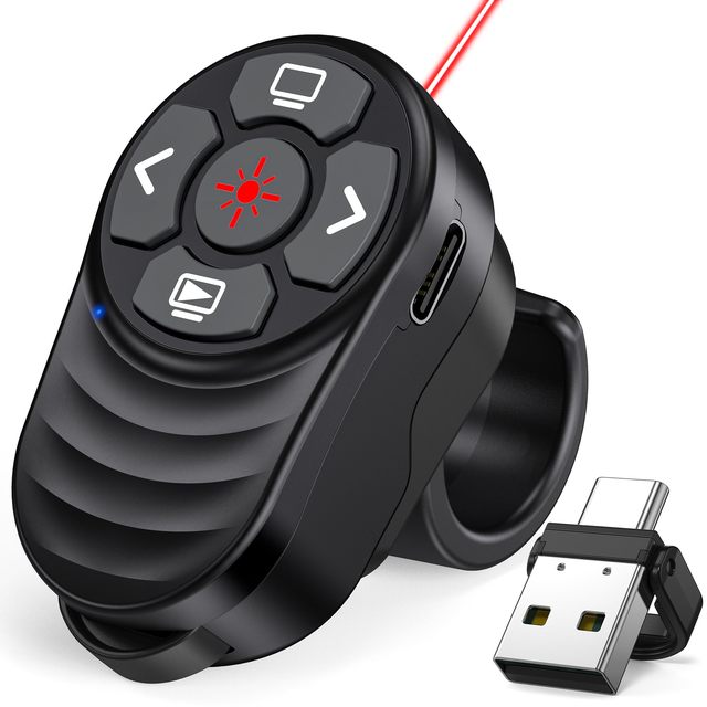 Rechargeable 2-in-1 USB Type C Wireless Presentation Clicker Inger Ring Presentations Powerpoint Clicker with Light Pointer