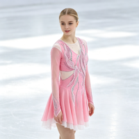 Robe de patinage artistique rose clair, manches longues en maille, jupe décorée de strass pour enfants et adultes, compétition de patinage sur glace, performance