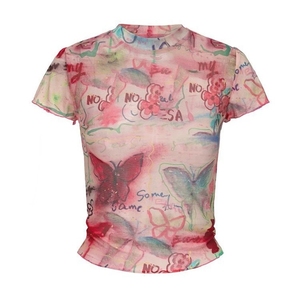 T-shirt Chic da <span class=keywords><strong>Donna</strong></span> con <span class=keywords><strong>Motivi</strong></span> a Farfalla e Schizzi di Vernice, Maglia a Maniche Corte in Maglia, Top Corto con Dettagli a Contrasto - Product Image 5