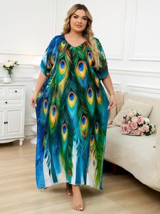 <strong>Plus</strong> <strong>Size</strong> Chiffon Loose <strong>Beach</strong> Kaftan Dresses for Women Print V-Neck Long Swimsuit <strong>Cover</strong> <strong>Ups</strong> - Product Image 6