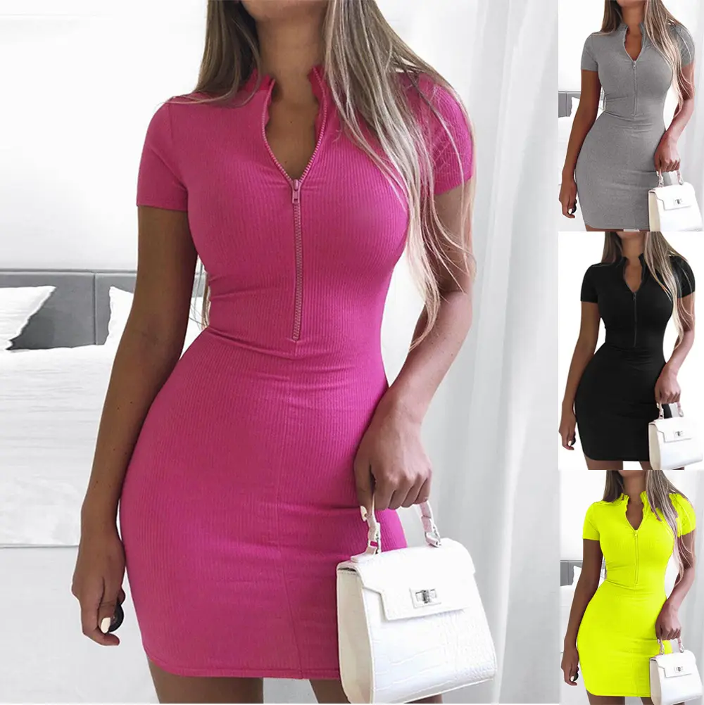 의류 제조 업체 사용자 정의 스팟 새로운 높은 목 짧은 소매 가방 엉덩이 스커트 캐주얼 드레스 여성 드레스 지퍼 드레스