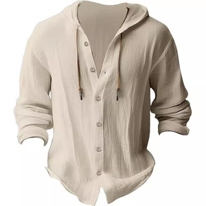 Chemise en lin à capuche pour homme, manches longues, couleur unie, boutonnée, décontractée, respirante, printemps-été, coupe droite - Product Image 3