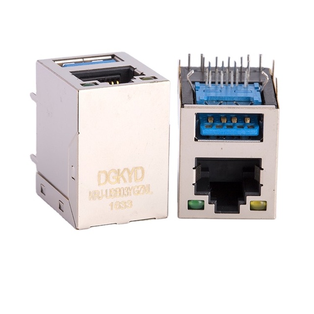 USB 3.0 RJ45 Female Jack Dual Deck 2x1 Ethernet Connectors Shielding Integrated Combo LED PBT Black Housing Gold Flash Plating