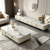 Meuble TV sur pied ultra-long moderne et minimaliste, table basse, panneau en bois blanc, combinaison de rangement pour salon