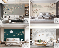 Papier peint brodé à la main, Chinoiserie, Prunier, Pie, Fleur, Branche, Papillon, Murale murale pour Villa de Luxe, Salle de Thé, Décoration Intérieure
