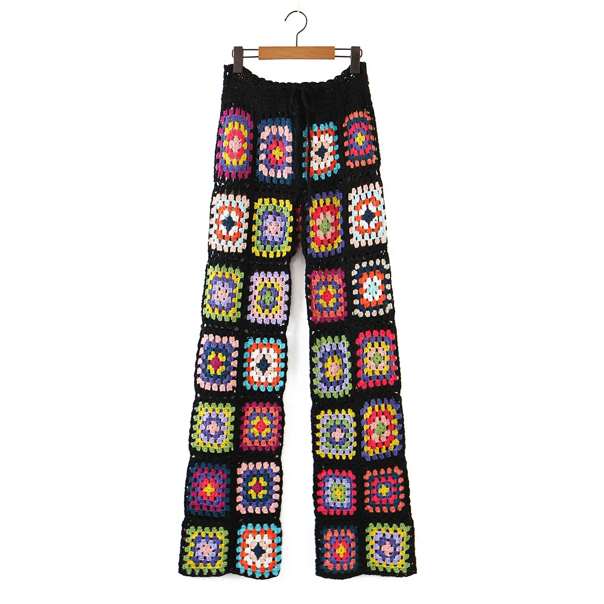 KaiChen Vintage Summer Spring New Fashion Colorful Patchwork Pattern Floral Knitting Crochet Pants Women Trousers Casual Pants