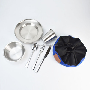 Set Kit Mess berkemah portabel baja tahan karat, peralatan makan cangkir bir mangkuk sup dengan tas jinjing - Product Image 3