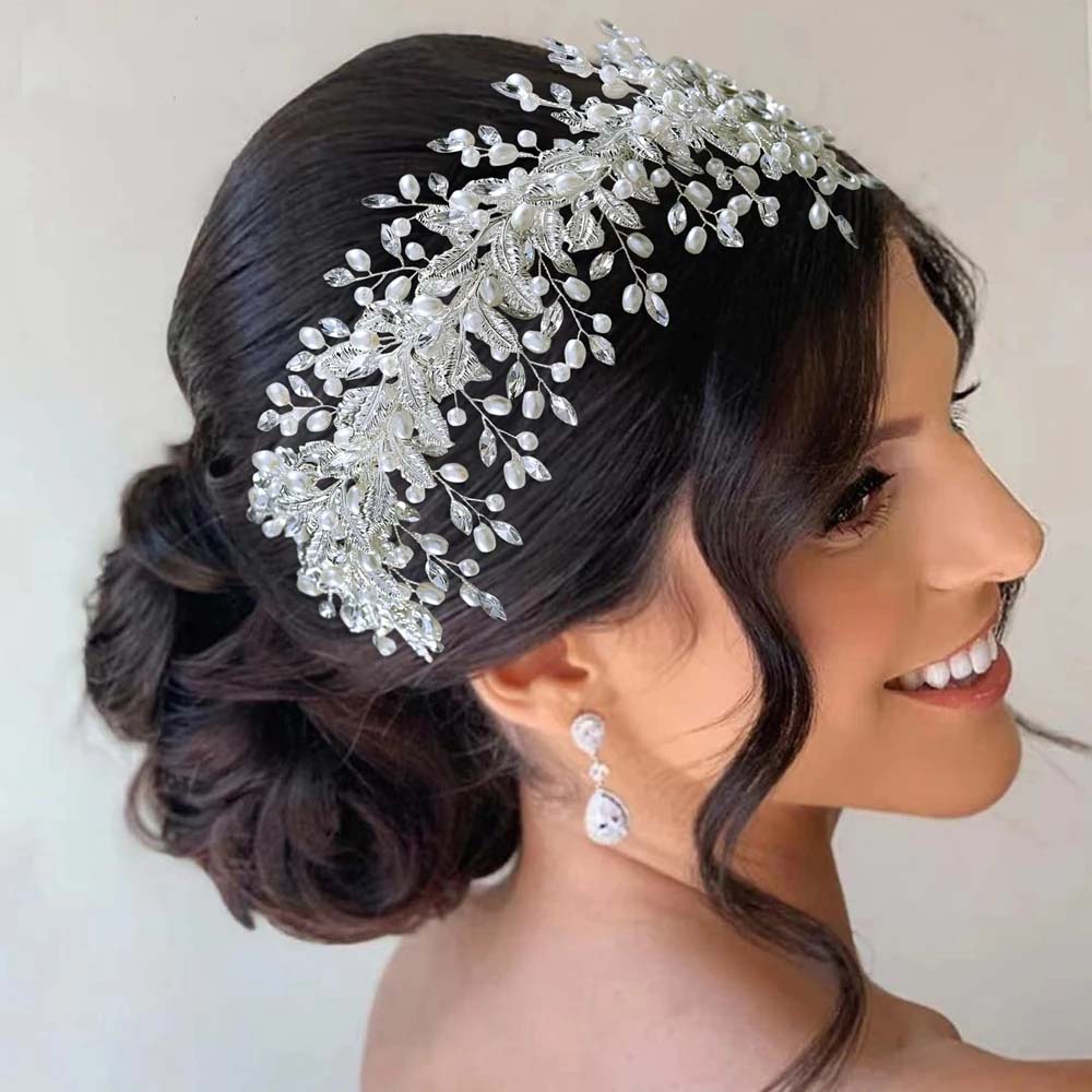 Boutique Handmade Pearl Hair Hoop Bride Elegant Alloy Leaf Hairbands Bridal Rhinestone Hair Tiara Wedding Hair Accessories
