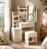 Coiffeuse moderne blanche à LED avec miroir, armoire de rangement, tiroirs et tabouret – Ensemble de meubles de chambre à coucher