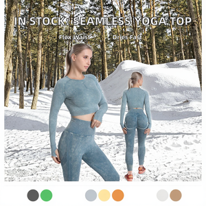 Ready Stock! Women's Knitted Seamless Fitness <b>Tops</b> Elastic Waist Quick Dry 2-Piece Set Sports Running Long-Sleeved Yoga Clothes - Product Image 2