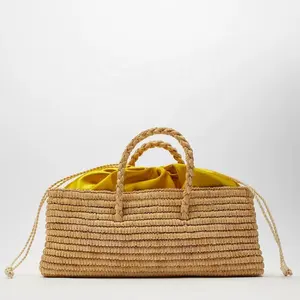 Atacado saco de praia balde-Bolsa boêmia feminina artesanal, bolsa de palha raffiia moda verão praia balde