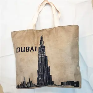 Hochwertige Dubai Gebäude drucken Jute Einkaufstasche Dame Strand tasche Handtasche