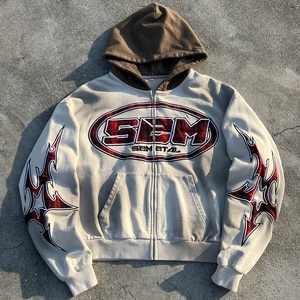 เสื้อฮู้ดซิปเฟรนช์เทอร์รี่สำหรับผู้ชาย ผ้าฝ้ายหนานุ่ม ทรงโอเวอร์ไซส์ แบบครอป สตรีทแวร์ ปักลาย ล้างสีแบบแอซิดวอช - Product Image 1