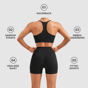 Conjunto Deportivo de 2 Piezas para Mujer, Sujetador Deportivo Racerback, Pantalones Cortos de Cintura Alta, Color Negro Sólido, Sin Costuras, Elástico en 4 Direcciones, Conjuntos de Yoga - Product Image 2
