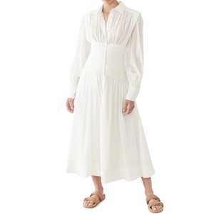 Robe blanche décontractée élégante col col boutonné sur le devant corsage manches longues ballons à volants pour dames - Product Image 1
