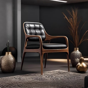 Poltrona <span class=keywords><strong>in</strong></span> Legno Stile Nordico Minimalista, Sedia con Schienale <span class=keywords><strong>in</strong></span> Pelle e Legno Massello di <span class=keywords><strong>Noce</strong></span> per Casa - Product Image 6