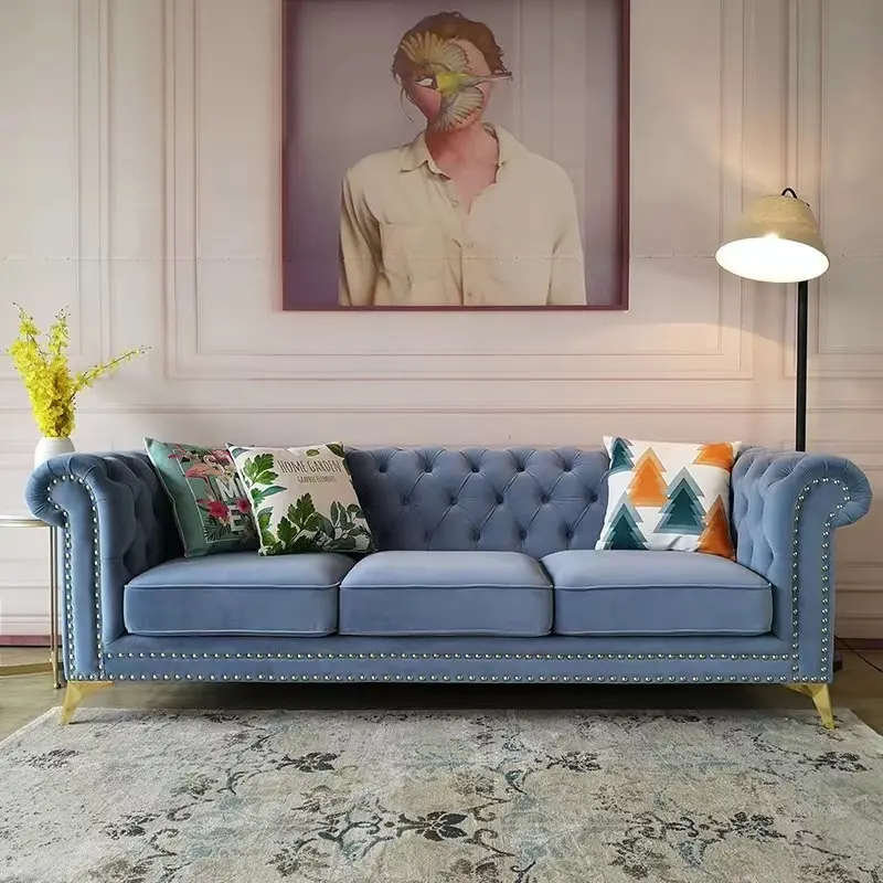 American Chesterfield lounge sofa modern small family living room 3-person straight row silk velvet sofa