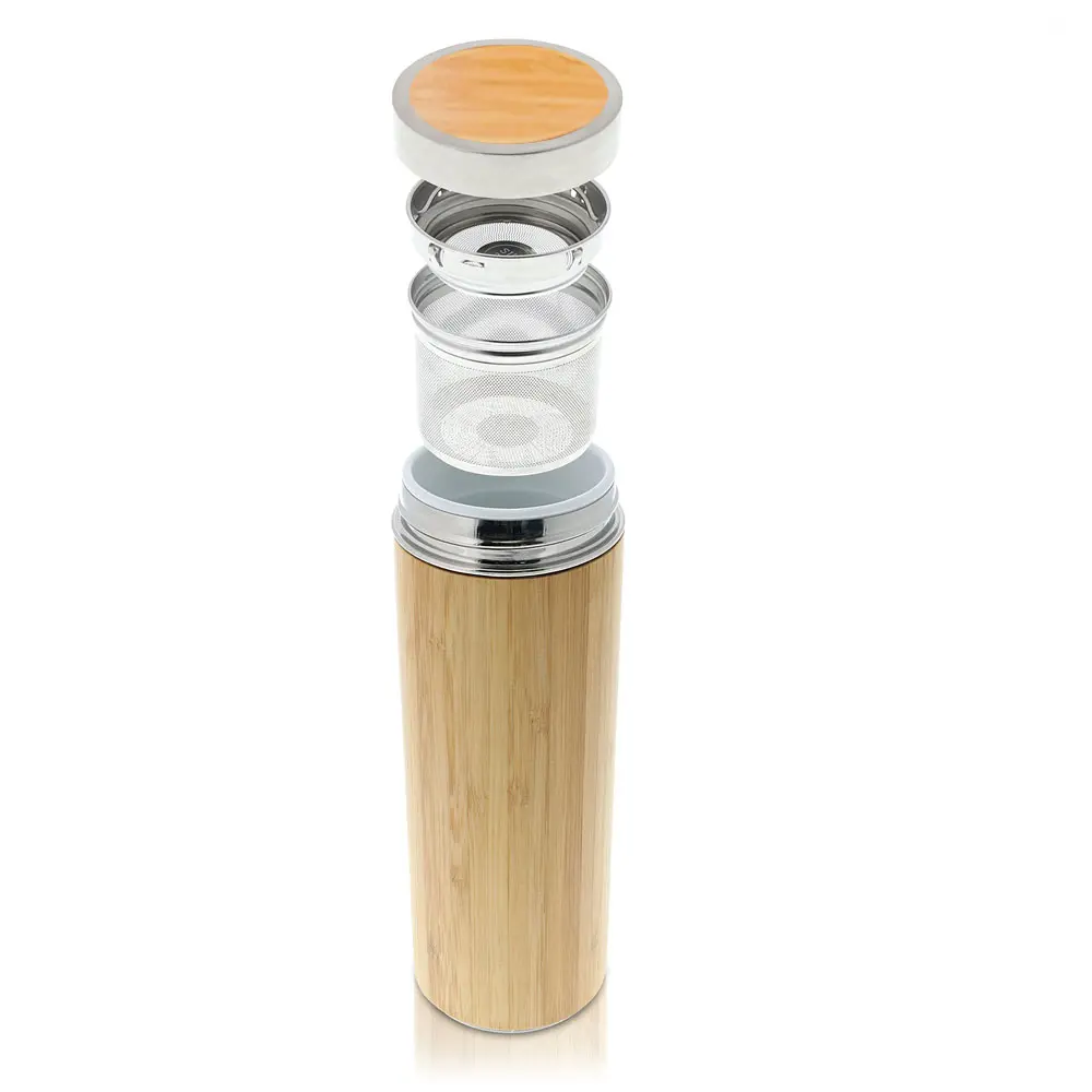 Stq — bouteille d'eau thermique en céramique de bambou, 280ml, Thermos en acier inoxydable, pour le thé et le café, avec passoire