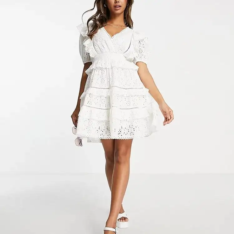Spring White Sweet Girl Hollow Out Embroidery Ruffle Lace Trim V-neck Puff Sleeve Cotton Mini Career Formal Women Dress