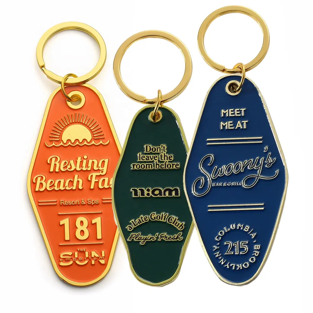 high quality factory custom promotional hotel keychains metal retro vintage motel room soft enamel logo keychain