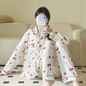 Của phụ nữ mới mùa xuân mùa thu đồ ngủ đám mây cotton in net Đỏ Sống cô gái ve áo dài tay áo quần nhà quần áo - Product Image 2