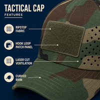 Casquette de baseball d'extérieur camouflage woodland personnalisée, avec panneaux Ripstop à fermeture auto-agrippante, ventilation découpée au laser, 6 panneaux, visière incurvée, vente en gros OEM